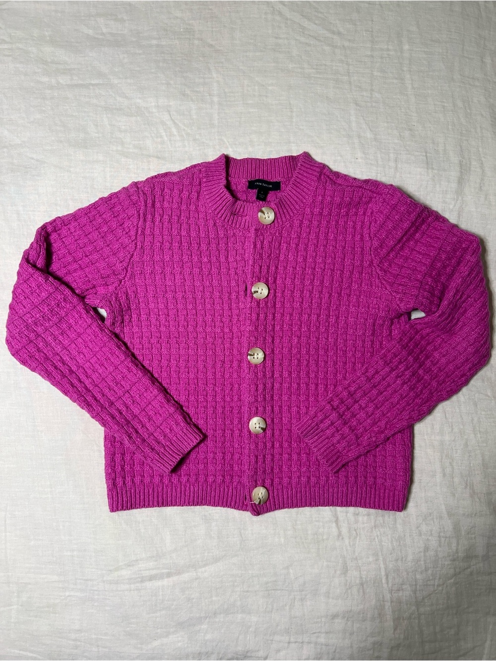 Ann Taylor Hot Pink Waffle Knit Cardigan with Button Front